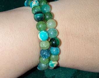 Green Gemstone Beaded Bracelet, Aventurine, Agate, Jade, Tigers Eye