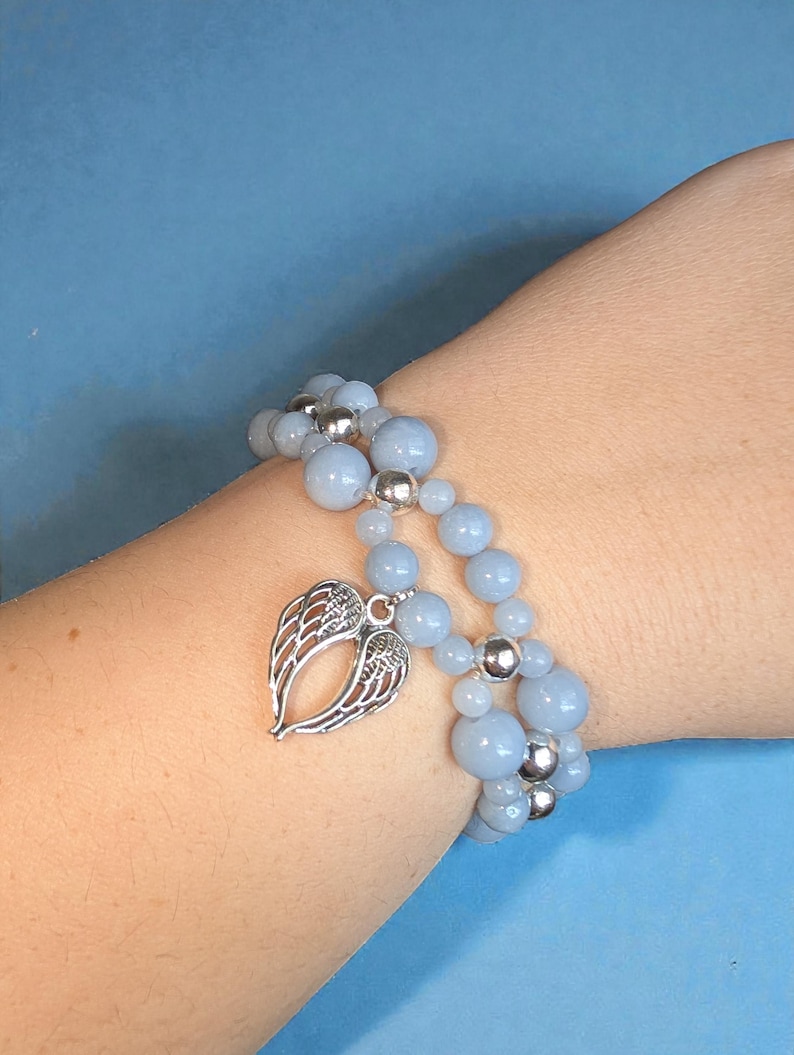 Angel: Angelite Beaded Bracelet with Silver Angel Wing Charm image 2