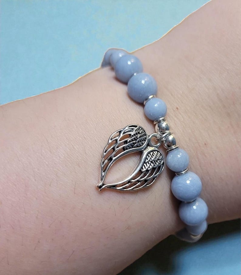 Angel: Angelite Beaded Bracelet with Silver Angel Wing Charm image 1