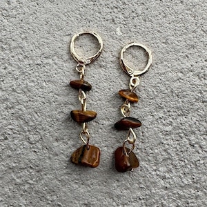 Gold Plated or Sterling Silver Plated Tigers Eye Huggie Hoop Dangle Earrings, Everyday Earrings, Gold Hoops, Gold Earrings, Huggie Hoops