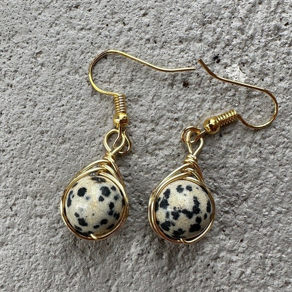 Gold Plated, Sterling Silver Plated, or Bronze Wire Wrapped Dalmatian Jasper Dangle Earrings, Crystal Earrings, Wire Wrapped Earrings