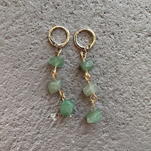 Gold Plated or Sterling Silver Plated Green Agate Crystal Huggie Hoop Dangle Earrings, Everyday Earrings, Gold Hoops, Huggie Hoops, Dangles