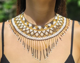 Handmade Huichol Beaded Necklace, Seed Bead Necklace, Festival Jewelry, Geometric Beadwork
