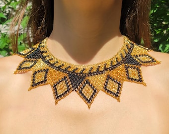 Handmade Huichol Beaded Collar Necklace, Geometric Festival Jewelry