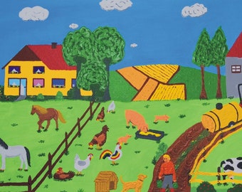 Ferme, photos d’enfants, peinture murale acrylique,