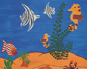 Aquarium, dessins d’enfants, acrylique, peinture murale,