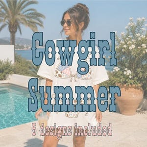 May include: A white t-shirt featuring a graphic of a bikini with a patchwork pattern of floral, cow print, and plaid designs. The text Cowgirl Summer is printed in large blue letters, and the text 5 designs included is printed below.