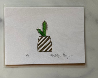 Cactus in a Stripe Pot-Letterpress & Watercolor Print