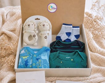 Geschenkdoos pasgeboren baby, Carter's dino slaap- en speelpyjama, set pasgeboren jongen met romper met lange mouwen en rammelaar leeuw
