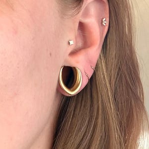 May include: A gold-toned teardrop-shaped ear plug with a dark center, worn in a stretched earlobe. The ear also features a small square stud earring, a tiny three-petal flower stud, and two thin silver-colored hoop rings in the upper cartilage.