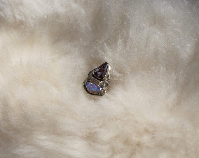 Australian Boulder Opal and Australian Opal Doublet + Brass Ring - Size 6.5