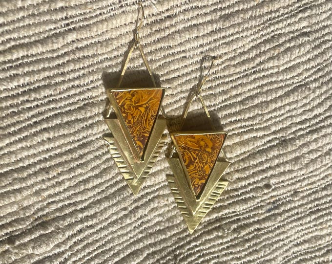 Calligraphy Stone + Brass Earrings