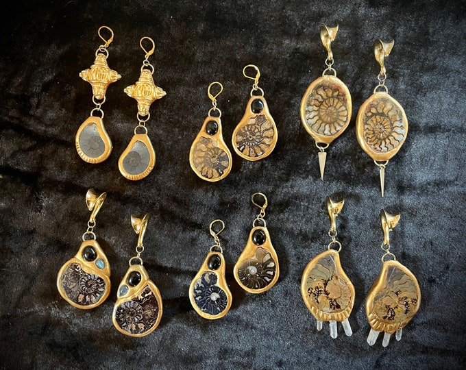 Ammon Artifacts Collection Ammonite Ear Weights with Onyx, Labradorite, Quartz and Brass Accents