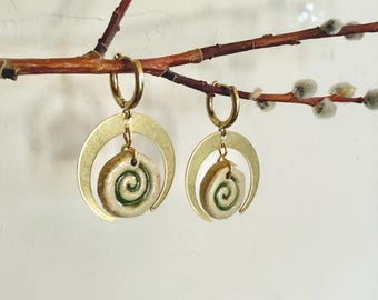 Handmade Clay Spiral and Brass Moon Earrings