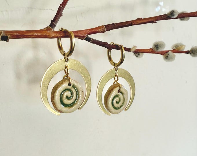 Handmade Clay Spiral and Brass Moon Earrings