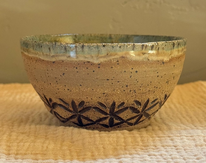 Hand Thrown Ceramic Bowl with Hand Carved Accents
