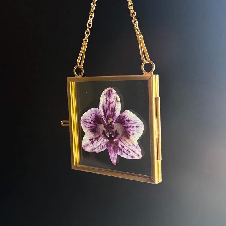 May include: A square, gold-toned metal frame containing a single pressed purple and white orchid flower. The frame is suspended by a delicate gold-colored metal chain attached to the top corners, featuring a side latch for opening and closing.
