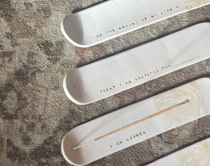 Handmade Positive Affirmation Ceramic Incense Burner - I AM, Progress > Perfection, Today I am grateful for