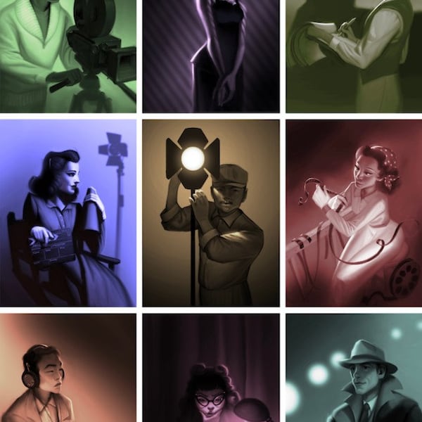 Hollywood 1947, Character Art Prints, film noir, bordspel, thema decor, Sarah Keele, Facade Games, Dark City Series, Historische Fictie