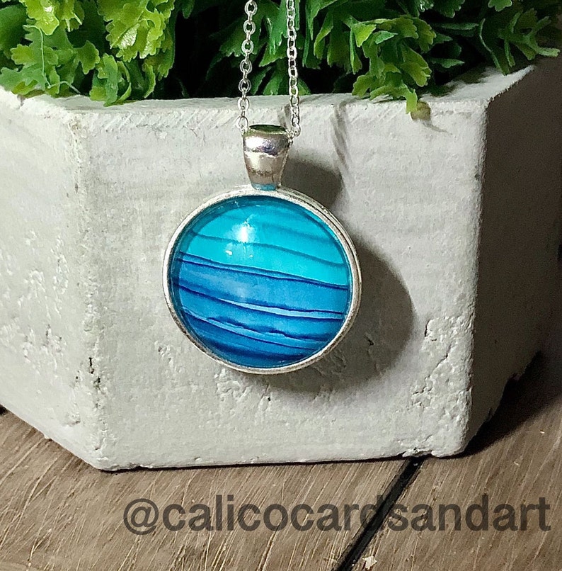 Blue Stripe Silver Pendant Dangle Earrings Set Handmade Alcohol Ink Wearable Art One of a kind Original