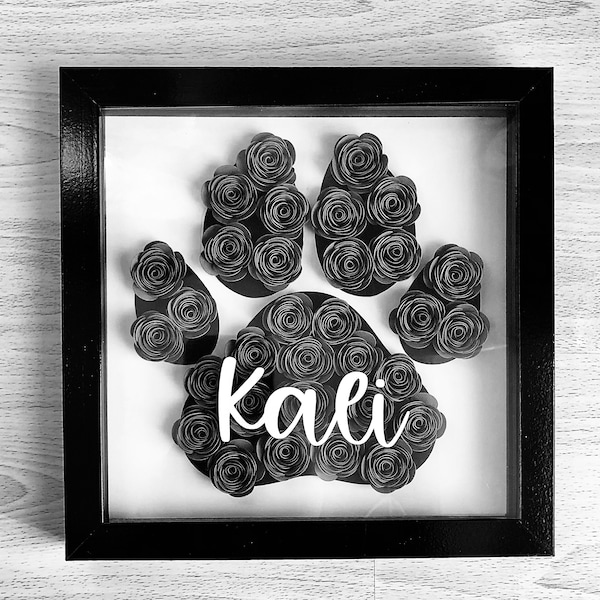 Paw print Paper Rose Shadowbox - Custom Gift - Memorial Gift - Rolled Paper Flowers - 8x8 inches - Elegant - Personalized Gift - Wall Decor