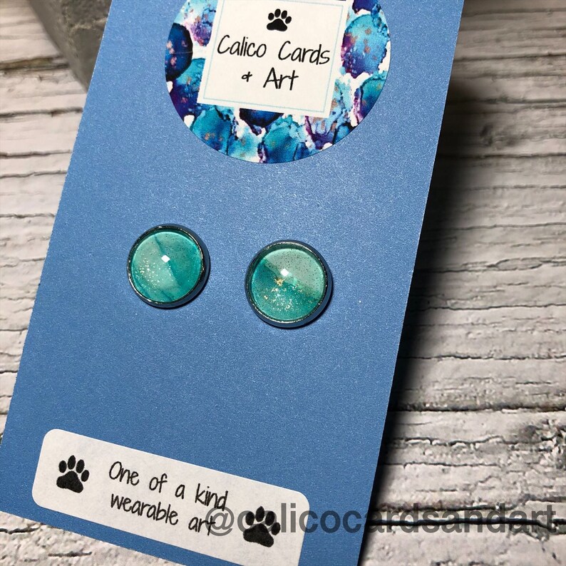 Original Light Blue and Gold Earrings Wearable Art One of a kind Silver Stud Earrings