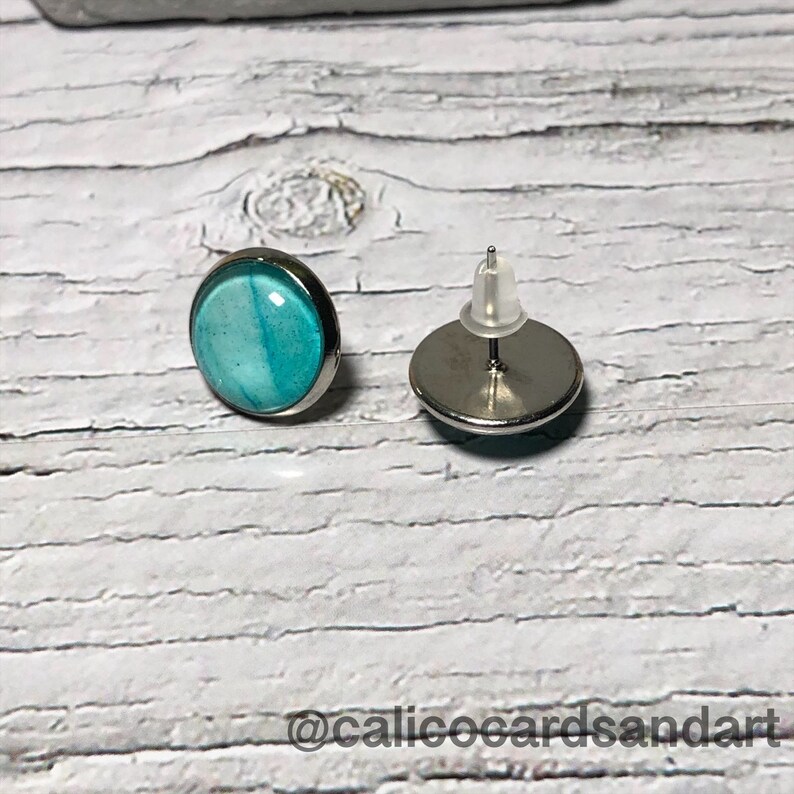 Original Light Blue and Gold Earrings Wearable Art One of a kind Silver Stud Earrings