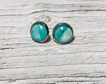 Original Light Blue and Gold Earrings Wearable Art One of a kind Silver Stud Earrings