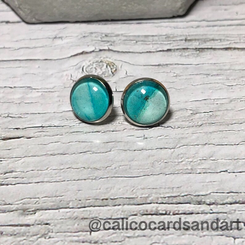 Original Light Blue and Gold Earrings Wearable Art One of a kind Silver Stud Earrings