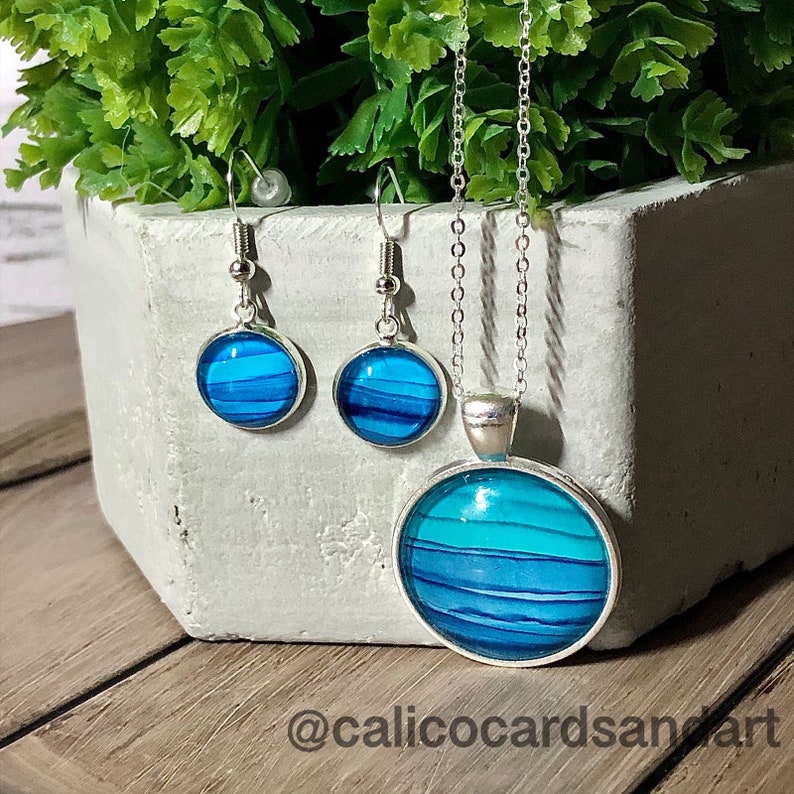 Blue Stripe Silver Pendant Dangle Earrings Set Handmade Alcohol Ink Wearable Art One of a kind Original