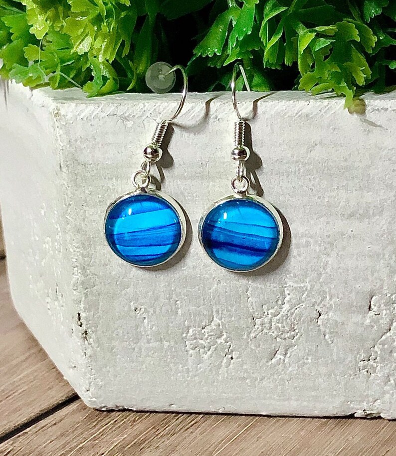 Blue Stripe Silver Pendant Dangle Earrings Set Handmade Alcohol Ink Wearable Art One of a kind Original