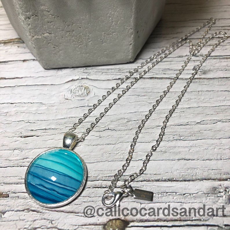 Blue Stripe Silver Pendant Dangle Earrings Set Handmade Alcohol Ink Wearable Art One of a kind Original