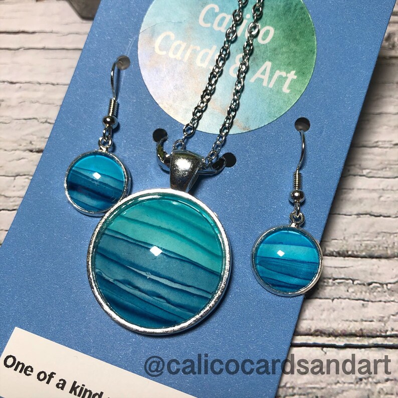 Blue Stripe Silver Pendant Dangle Earrings Set Handmade Alcohol Ink Wearable Art One of a kind Original