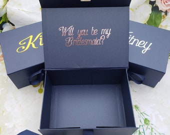 Personalized Navy MAGNETIC CATCH Gift Box with bow, bridesmaid proposal box, will you be my bridesmaid, birthday, Christmas, Maid of Honor