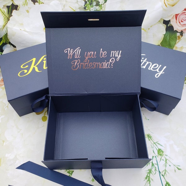 Personalized Navy MAGNETIC CATCH Gift Box with bow, bridesmaid proposal box, will you be my bridesmaid, birthday, Christmas, Maid of Honor