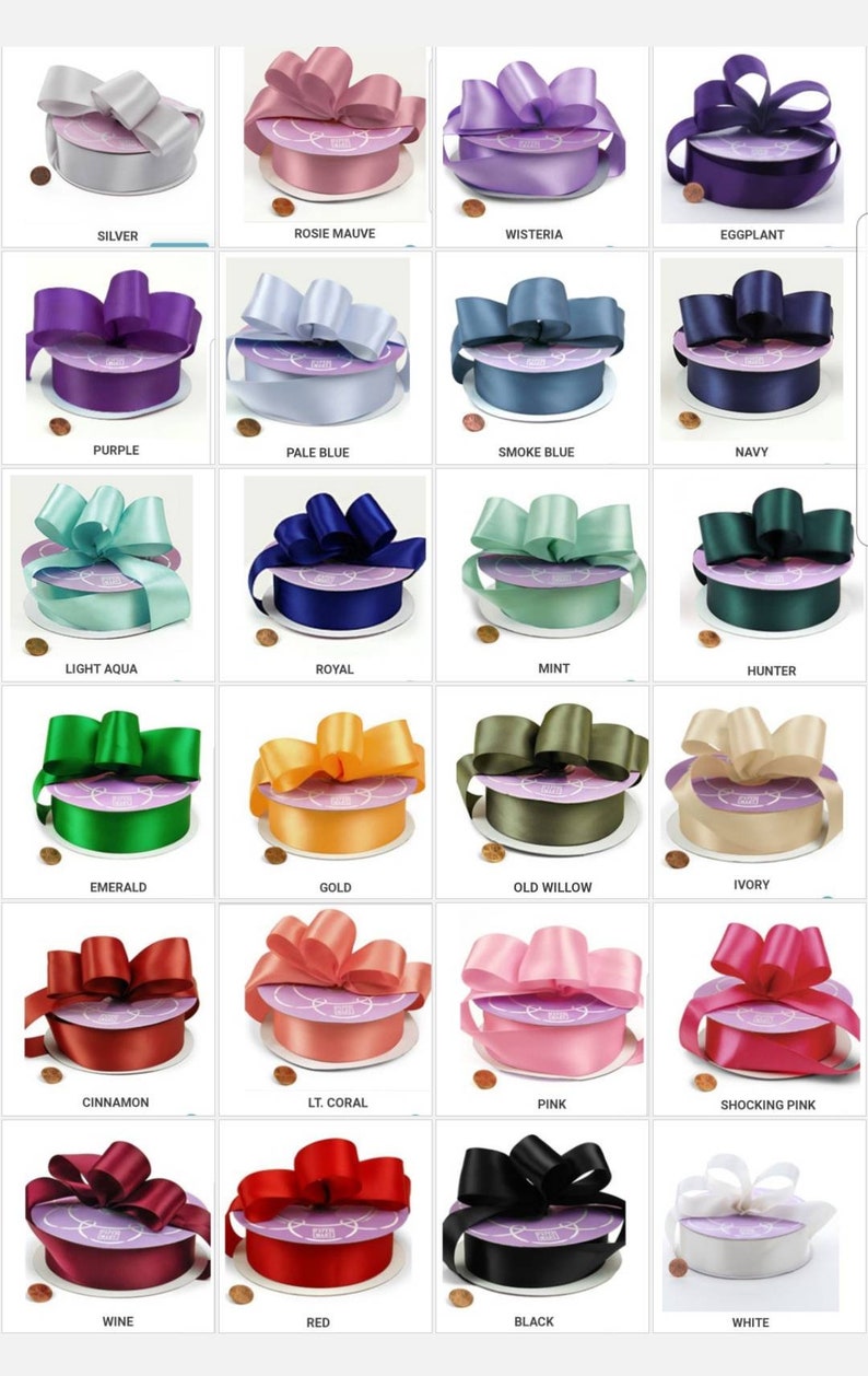May include: A collection of 20 different colors of satin ribbon, each tied into a bow. The ribbon is 1.5 inches wide and is available in a variety of colors, including silver, purple, light aqua, emerald, cinnamon, wine, red, black, and white.