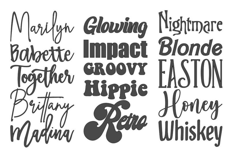 May include: A collection of vintage-inspired names written in a retro font style. The names include Marilyn, Babette, Together, Brittany, Madina, Glowing, Impact, Groovy, Hippie, Retro, Nightmare, Blonde, Easton, Honey, and Whiskey.