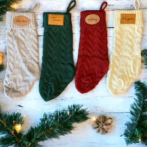 Personalized Christmas Stockings, Christmas Leather Patch Stocking, Family Holiday Stockings, Holiday Stockings, Knitted Christmas Stockings