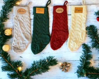 Personalized Christmas Stockings, Christmas Leather Patch Stocking, Family Holiday Stockings, Holiday Stockings, Knitted Christmas Stockings