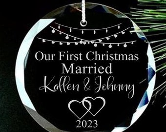 Our First Christmas Married, First Christmas Ornament, Personalized Keepsake, Crystal Ornament, Couples Ornament