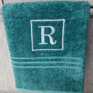 Personalised Monogram Towel: Embroidered 500 GMS Cotton Towels, Square Monogram Design Teal