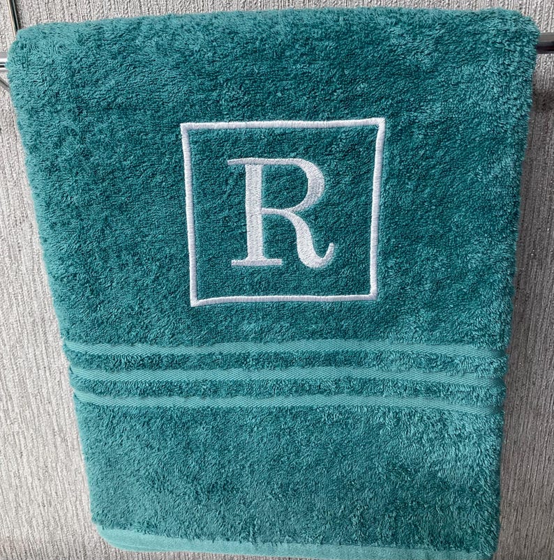 Personalised Monogram Towel: Embroidered 500 GMS Cotton Towels, Square Monogram Design Teal