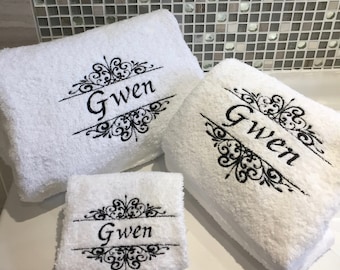 Monogram Towels, Beautiful Lace Monogram Facecloths, Hand and Bath Towels, Supersoft 500 gms towels