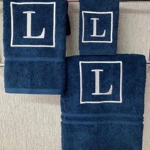Personalised Monogram Towel: Embroidered 500 GMS Cotton Towels, Square Monogram Design Navy