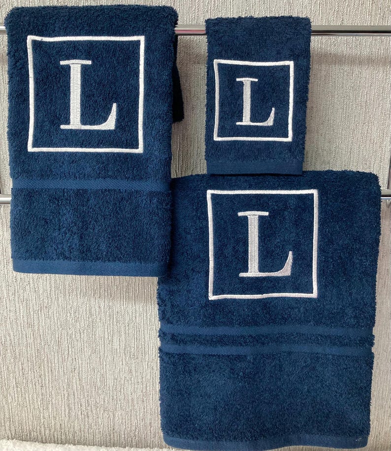 Personalised Monogram Towel: Embroidered 500 GMS Cotton Towels, Square Monogram Design Navy