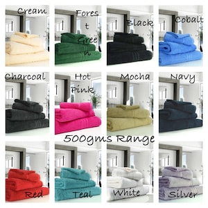 May include: A collection of stacked towel sets in various colors, including cream, forest green, black, and cobalt blue. The image also shows charcoal, hot pink, mocha, navy, red, teal, white, and silver towels. The text "500gms Range" is visible.