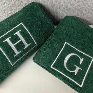 Personalised Monogram Towel: Embroidered 500 GMS Cotton Towels, Square Monogram Design Forest Green