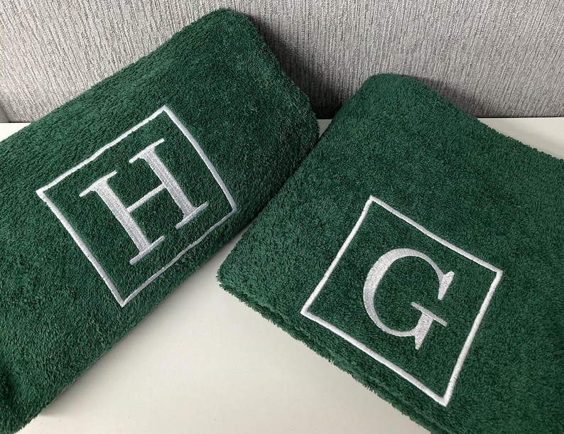 Personalised Monogram Towel: Embroidered 500 GMS Cotton Towels, Square Monogram Design Forest Green