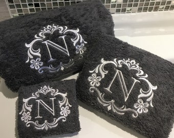 Personalised Towels, Embroidered Bath, Hand and Facecloths, Damask Monogram, Any Initial