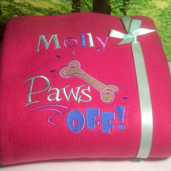 Personalised Dog Fleece Blanket, Embroidered Large Fleece Blankets 'Paws Off' Design